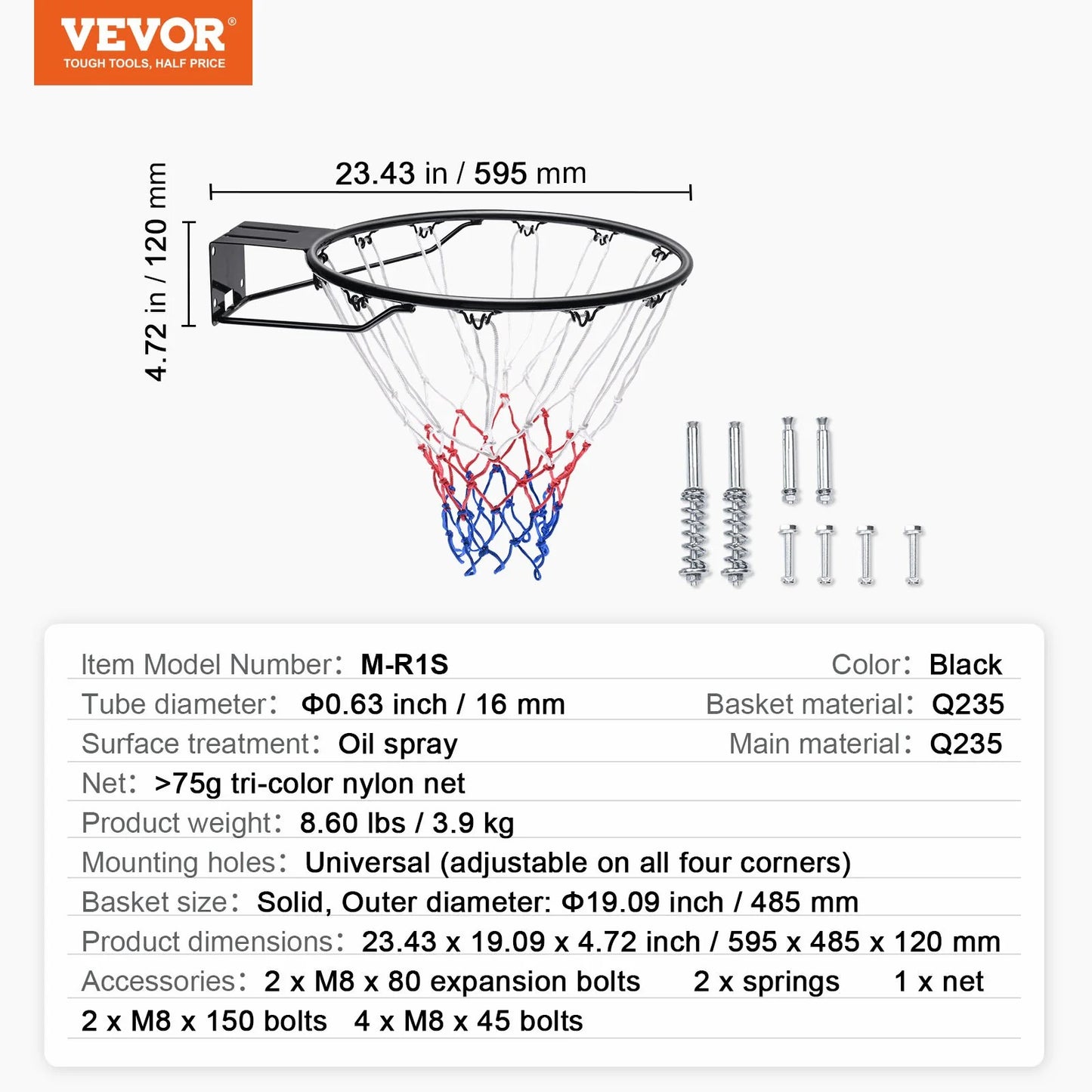 VEVOR Basketball Rim, Wall Door Mounted Basketball Hoop, Heavy Duty Q235 Basketball Flex Rim Goal Replacement with Net and Double Spring, Standard 18 Indoor Outdoor Hanging Hoop for Kids Adults