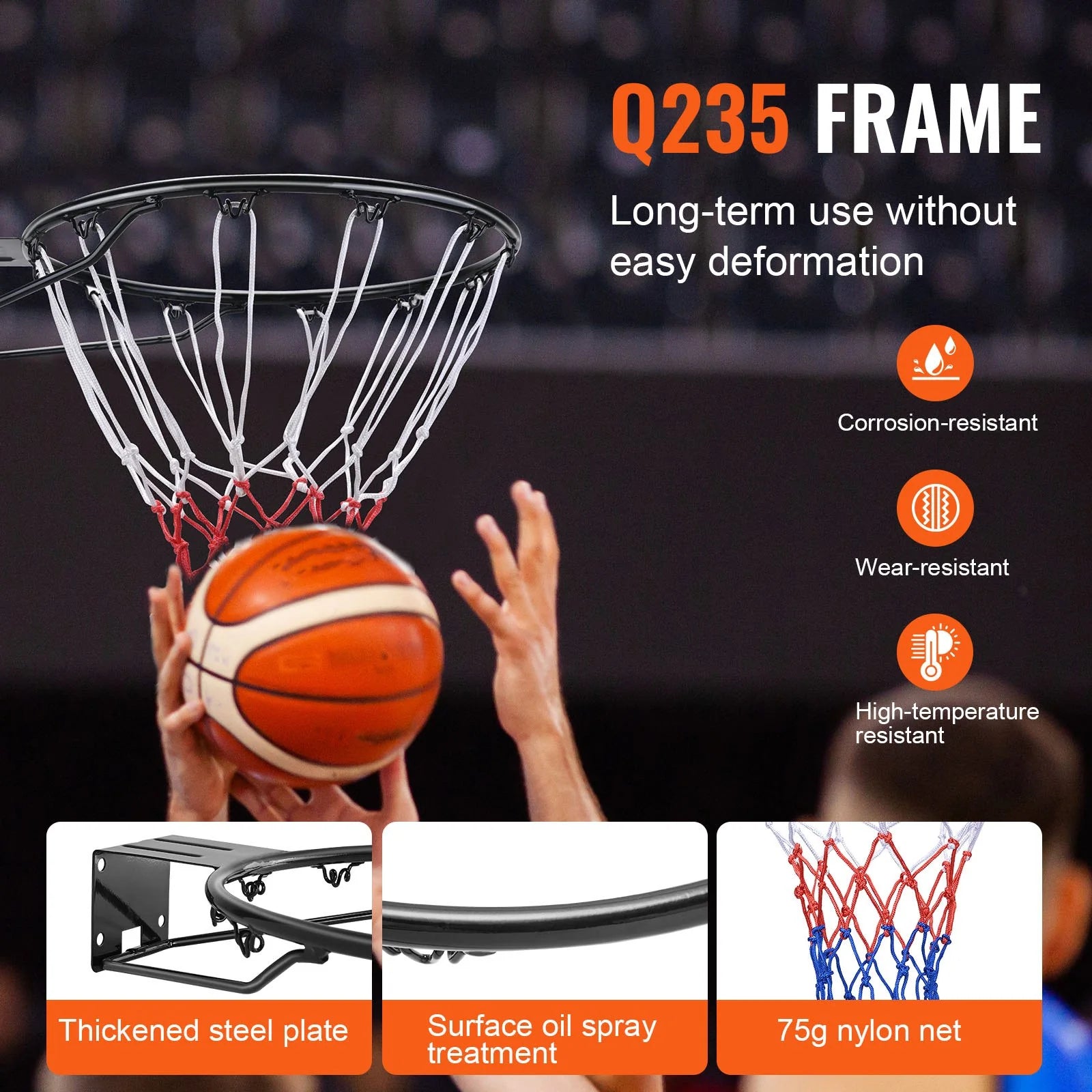 VEVOR Basketball Rim, Wall Door Mounted Basketball Hoop, Heavy Duty Q235 Basketball Flex Rim Goal Replacement with Net and Double Spring, Standard 18 Indoor Outdoor Hanging Hoop for Kids Adults