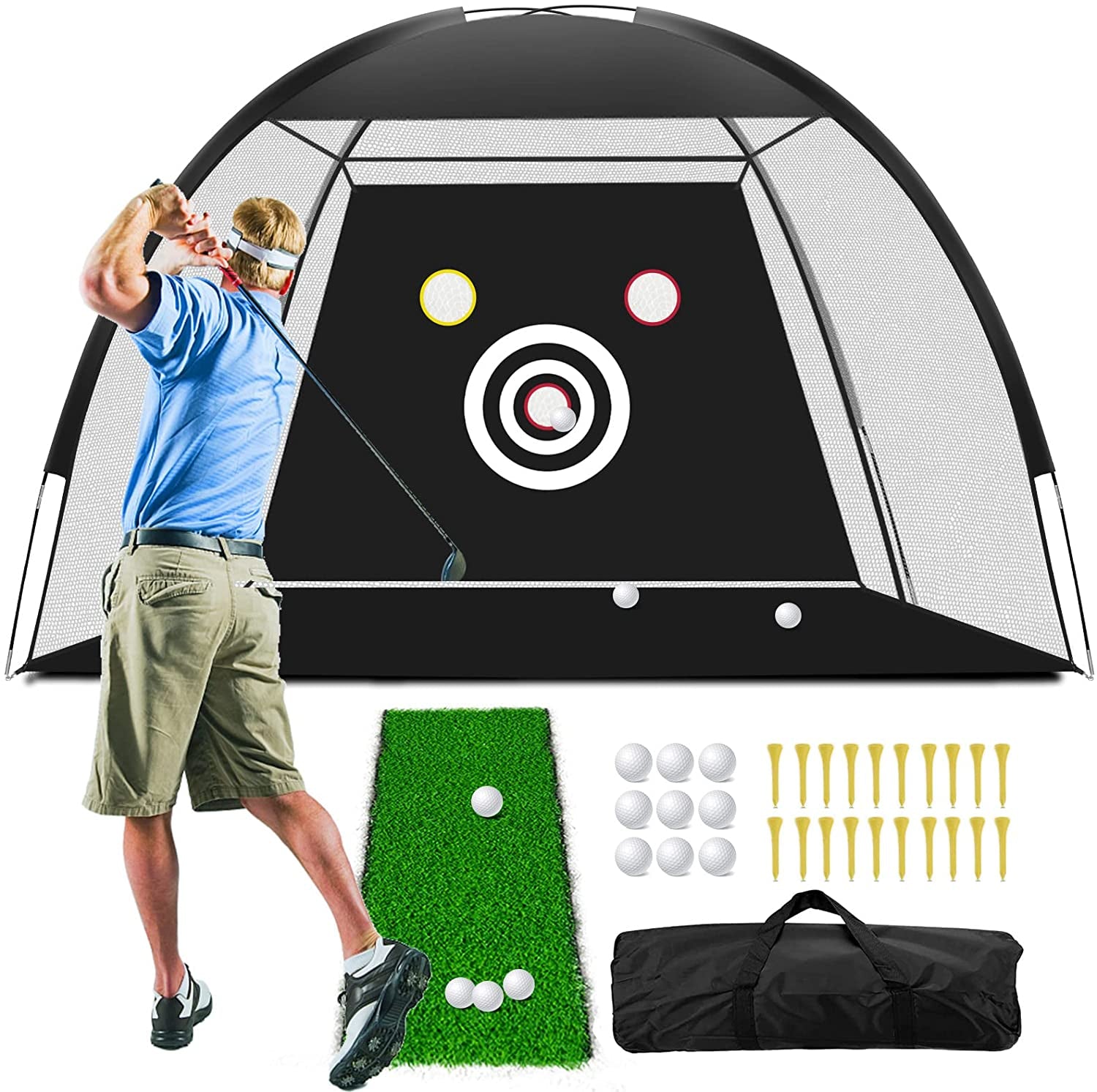 Golf Net, 10X7Ft Golf Practice Net for Backyard Driving with Target, Golf Mat, 9 Real Golf Balls, 20 Golf Tees, Carry Bag for Men Kids Indoor Outdoor Sports Game